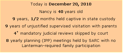 Text Box: Today is December 20, 2010
Nancy is 40 years old
9 years, 1/2 months held captive in state custody
9 years of unjustified supervised visitation with parents
4+ mandatory judicial reviews skipped by court
8 yearly planning (IPP) meetings held by SARC with no Lanterman-required family participation


