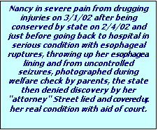 Text Box: Nancy in severe pain from drugging injuries on 3/1/02 after being con-served by state on 2/4/02 and just before going back to hospital in serious condition with esophageal ruptures, throwing up her esophageal lining and from uncontrolled seizures, photographed during wel-fare check by parents, the state then denied discovery by her "attorney" Street lied and covered up her real condition with aid of court.